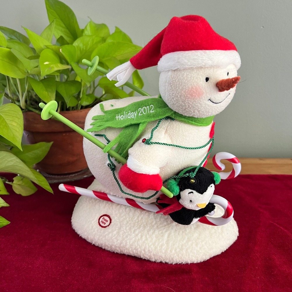 Hallmark Jingle Pals 2012 Snowman Penguin Candy Cane Skis Musical Plush Decor